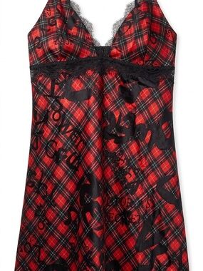 Victoria's Secret Red and Black Plaid Lace-Trim Slip
